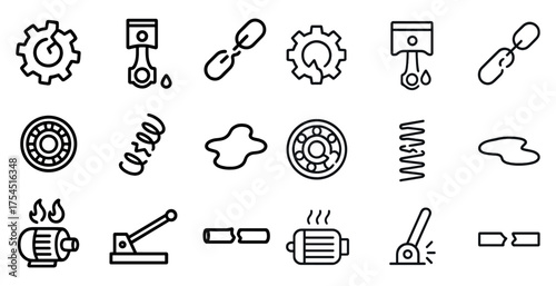 Mechanical blueprint line icons set - engineering, industrial, technical symbols