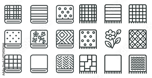 Decorative textiles outline icons set – linear, fabric, home decor symbols