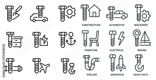 Industrial and mechanical outline icons set – construction, automotive, machinery symbols