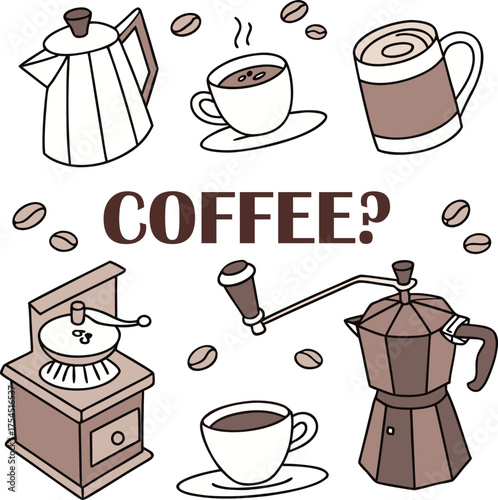 Creative hand drawn coffee collection featuring mugs grinders and steam for beverage lovers vector