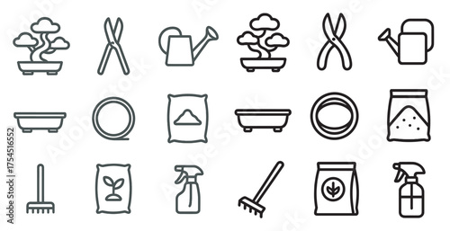Gardening tools and plants outline icons set – linear, planting, landscaping essentials