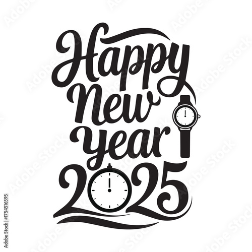 Happy New Year 2025 Typography Design with Watch and Clock Icons