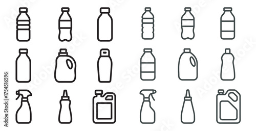 Beverage and cleaning bottle icons set – outline, linear, flat style symbols