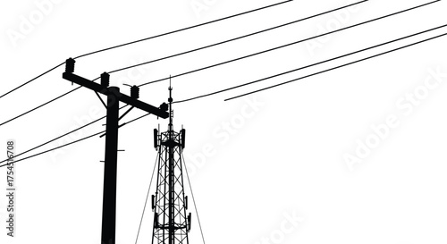 Telecommunication tower and electric power pole silhouette, modern communication network infrastructure illustration, high voltage electricity lines vector art on white background