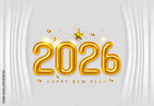 Golden metallic numbers for the year 2026 shine brightly against a draped silver background celebrating the upcoming new year.