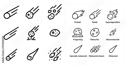 Meteor solid icons set – flat, outline, celestial and space symbols