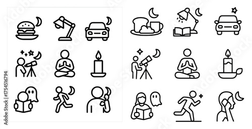 Nighttime and meditation icons set - outline, silhouette, sleep, relaxation symbols