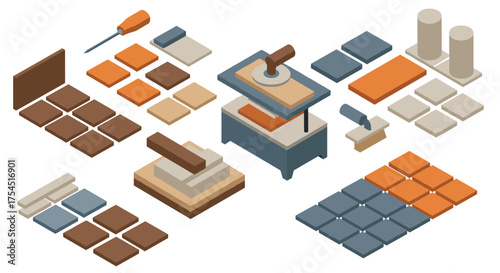 Isometric tile laying tools and materials for construction projects
