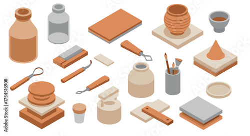 Isometric pottery workshop essentials with clay tools and vases