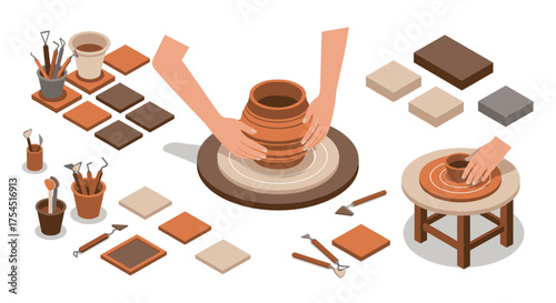 Isometric pottery crafting hands shaping clay on pottery wheel with tools and materials