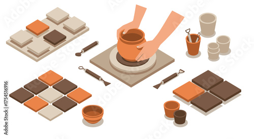 Pottery craft process with hands and tools in isometric view