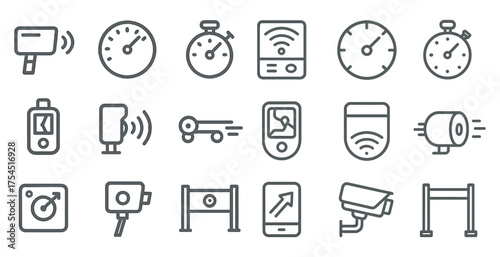 Surveillance and security outline icons set – linear, camera, monitoring symbols