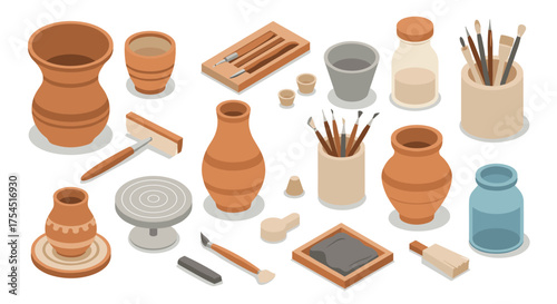Isometric pottery studio tools and supplies for creative crafting projects