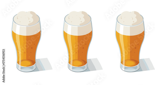 Isometric glasses of craft beer on white background with foam top
