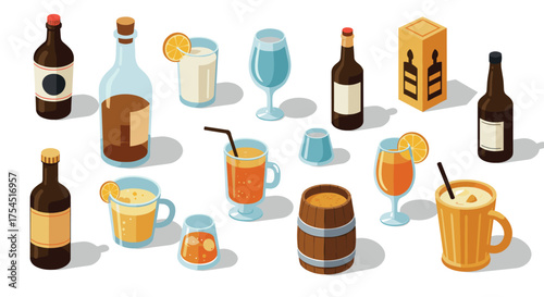 Assorted beverage collection with isometric glasses and bottles on white background