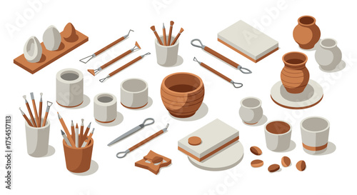 Ceramic pottery tools and materials in isometric style for creative crafting
