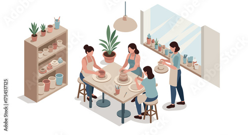 Creative pottery workshop scene with women crafting ceramics in isometric style