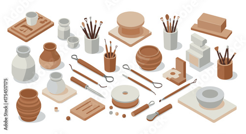 Ceramic art tools and supplies in isometric minimalist design