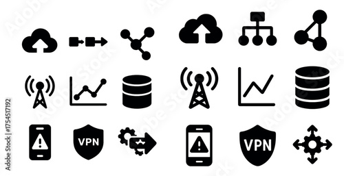 Cloud computing solid icons set – data, networking, it infrastructure symbols