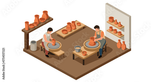 Isometric pottery workshop artisans crafting on pottery wheels in studio