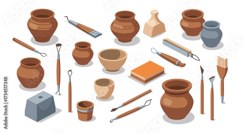Ceramic pottery and tools in isometric design for craft enthusiasts and artists