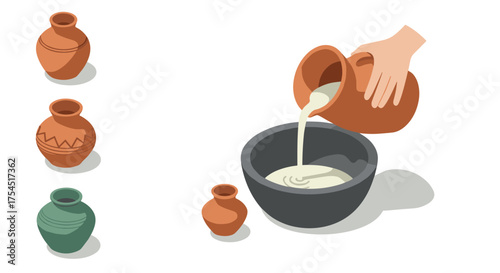 Isometric earthenware pots and hand pouring liquid into bowl