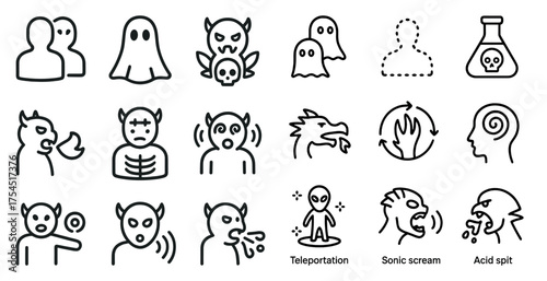 Supernatural outline icons set – linear, mystic, fantasy creatures and symbols