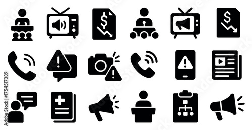 Business communication filled icons set – solid, silhouette, corporate and media symbols