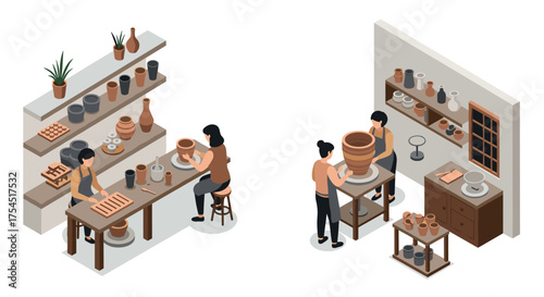 Artisan crafting in a cozy pottery studio with isometric design elements