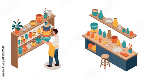 Isometric ceramic studio scene with pottery and craftsman in workshop setting