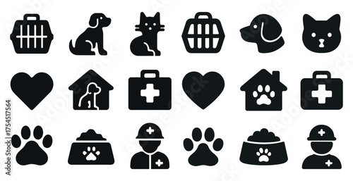 Pet care silhouette icons set – veterinary, heart, animal and shelter symbols
