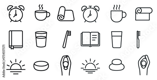 Morning routine line icons set – outline, minimal, daily habits symbols