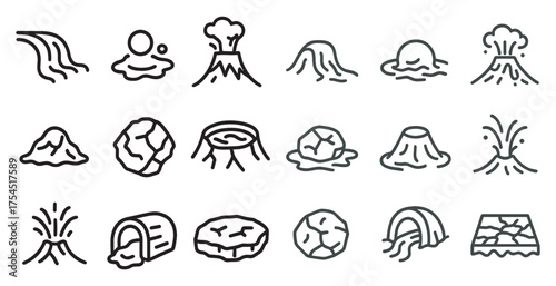 Volcano and eruption line icons set – outline, linear, geological disaster symbols