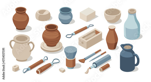 Ceramic pottery and sculpting tools in isometric design set