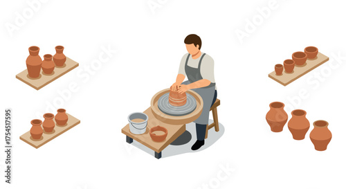 Isometric pottery making artisan craft with clay vases and pottery wheel