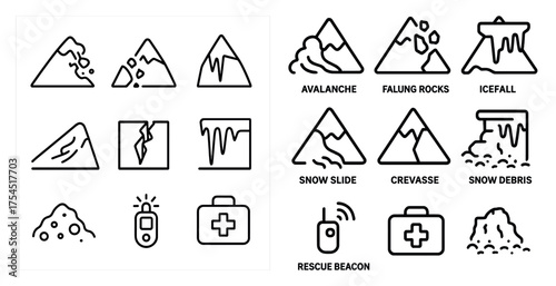 Mountain safety and avalanche outline icons set – line, emergency, rescue symbols