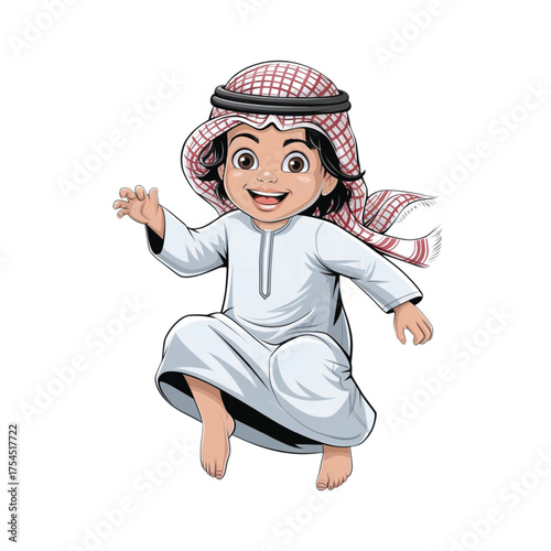 Happy Arab Boy in Traditional Thobe and Keffiyeh Jumping for Joy, Cute Middle Eastern Child Cartoon Character Isolated on White Background