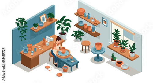 Cozy pottery studio in isometric view with decorative plants and potters at work