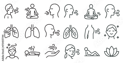 Breathwork and meditation outline icons set – linear, yoga, relaxation symbols