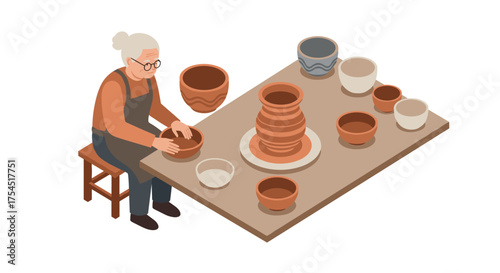 Elderly artisan crafting pottery scene in isometric style at pottery wheel