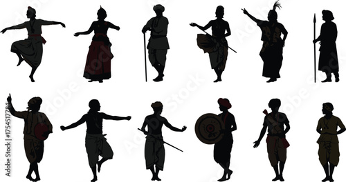 Traditional cultural dance silhouette illustration featuring men and women performing folk dance with drums, shields, and ethnic costumes, heritage art vector design