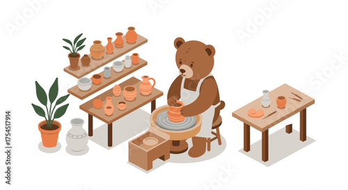 Cute bear potter making ceramics in cozy workshop