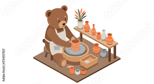 Cute bear sculptor in isometric pottery workshop with ceramics and plants