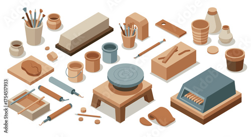 Isometric pottery tools and supplies in earth tones