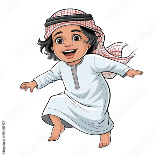 Happy Arab Boy in Traditional Thobe and Keffiyeh Jumping for Joy, Cute Middle Eastern Child Cartoon Character Isolated on White Background