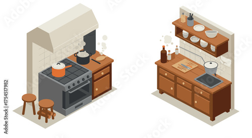 Cozy kitchen interior with isometric stove and wooden cabinets