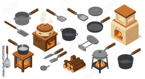 Isometric cooking essentials with traditional ovens and kitchen tools