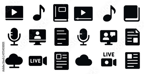 Multimedia silhouette icons set – solid, filled, audio and video symbols