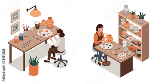 Creative pottery workshop with artists designing and painting vases in cozy studio