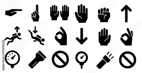 Diving and swimming solid icons set – silhouette, underwater, aquatic activity symbols